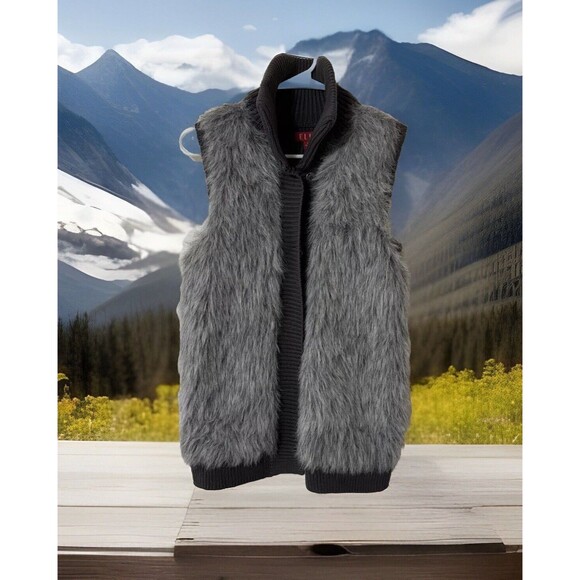 ELLE Sweater Vest Women’s XS Gray Gray Faux Fur Sleeveless Stretch Knit - Picture 1 of 6
